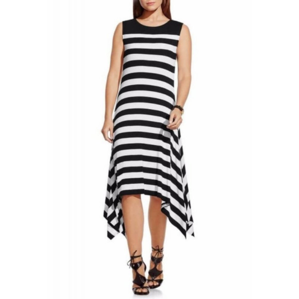 Vince Camuto Striped Sleeveless Handkerchief Hem Jersey Midi Dress